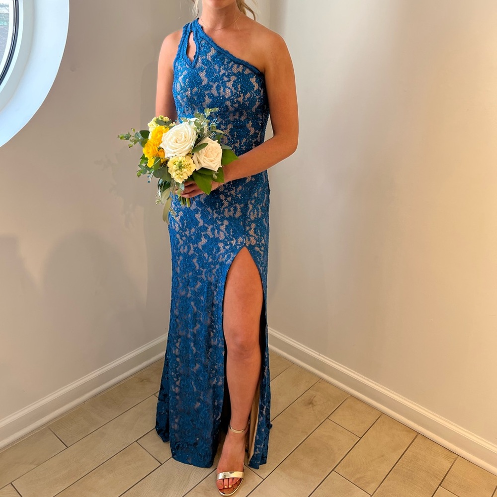 Jovani 08515, size 4 prom dress, blue. Rhinestones and lace.